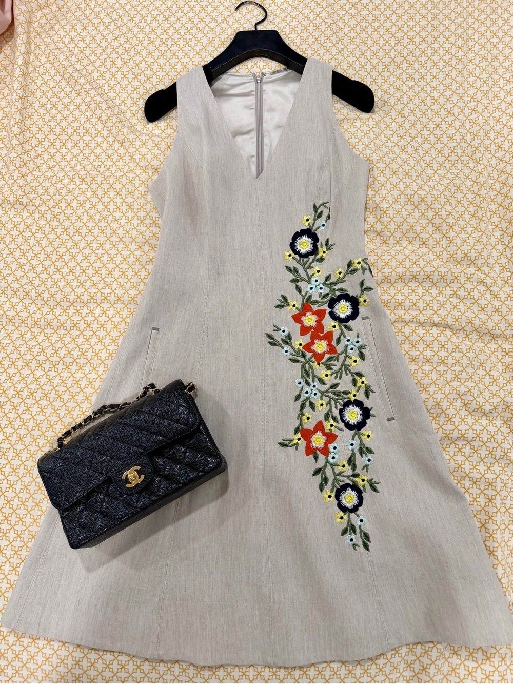 Elie Tahari Light Gray Midi Dress with Multicolor Floral Embroidery